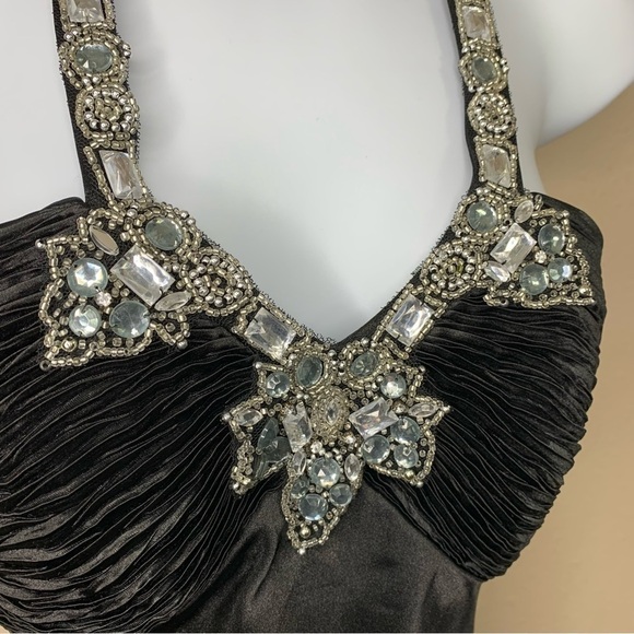 Morgan And Co Black Satin Formal Cocktail Dress Sleeveless Gemstone Small 3 4 - Picture 6 of 12
